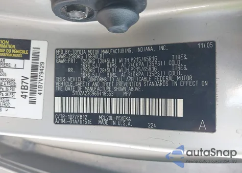 2006 Toyota Sienna Ce z USA, uszkodzony, nr VIN 5TDZA23C96S418553